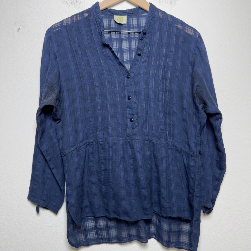 KOCH Women Top Small Blue Sheer Pintuck Plaid Henley Tunic Blouse